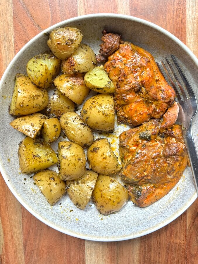 3-Ingredient Trader Joe’s Chicken Shawarma & Pesto Potatoes